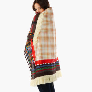 Brown multi keffiyeh doubled with camel cheks foulard and edged with wool cream fringe