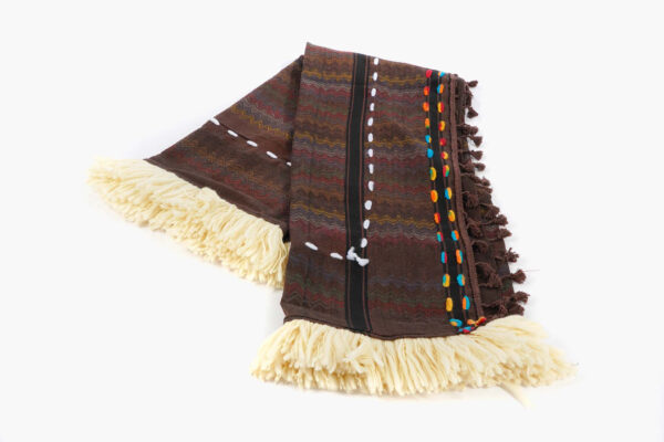 Brown multi keffiyeh doubled with camel cheks foulard and edged with wool cream fringe