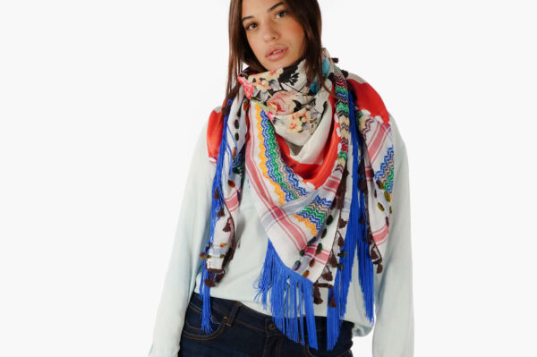 White multi keffiyeh doubled with summer flowers foulard and edged with long royal blue fringe
