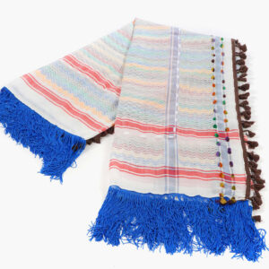 White multi keffiyeh doubled with summer flowers foulard and edged with long royal blue fringe