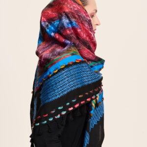 Black and blue keffiyeh doubled with silk scarf “Macro K.” motive