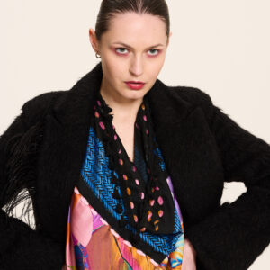 Black and blue keffiyeh doubled with silk scarf “tropical geo” motive