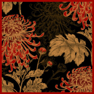 Black jacquard cotton keffiyeh, doubled with silk scarf, chrysanthemum motive print