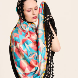 Black keffiyeh doubled with silk scarf “baby caleido” motive