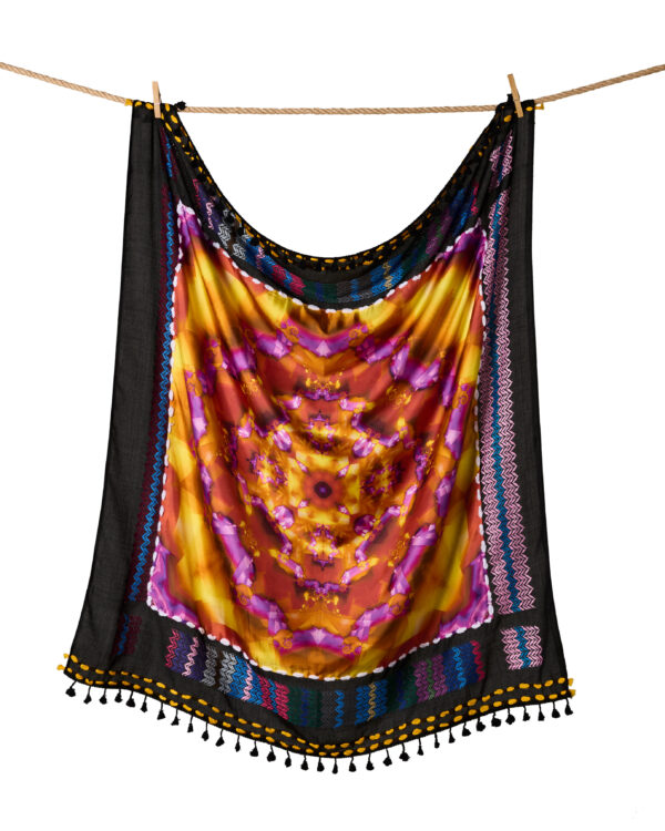 Black multi keffiyeh doubled with silk scarf “gold purple caleido” motive