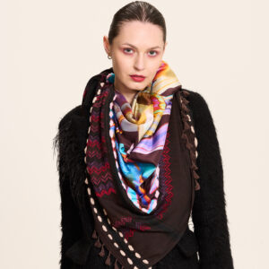 Brown multicolor keffiyeh doubled with silk scarf “tropical fish” motive