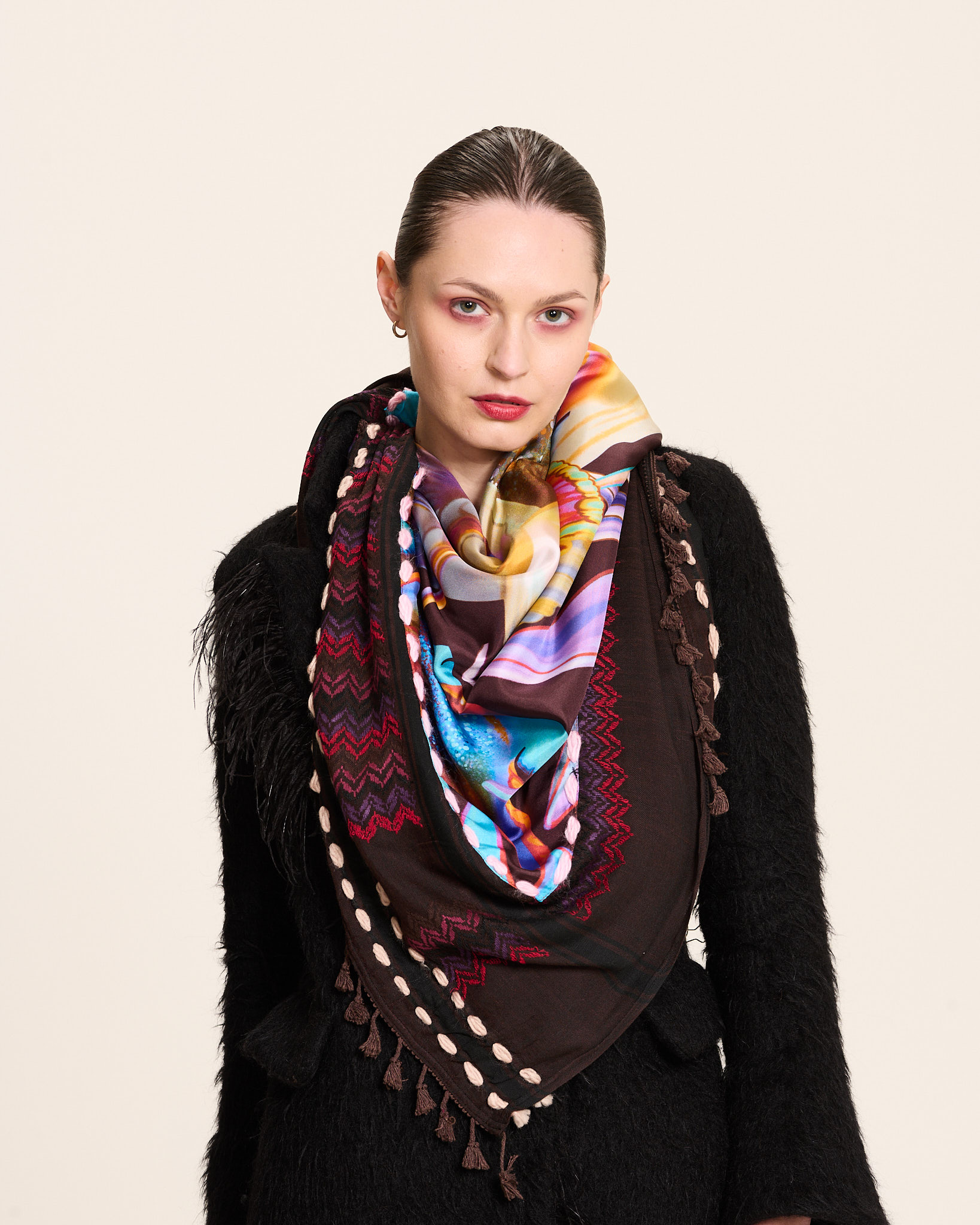 Brown multicolor keffiyeh doubled with silk scarf “tropical fish” motive