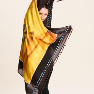 Dark brown keffiyeh doubled with silk scarf “drop” motive