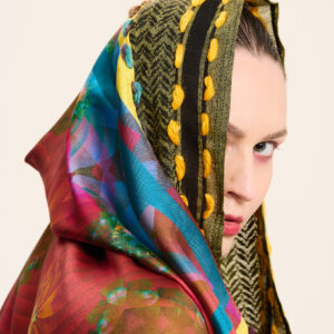 Mustard keffiyeh doubled with silk scarf “red caleido” motive