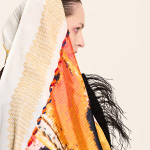 Sand keffiyeh doubled with silk scarf “butterfly” motive