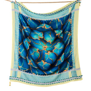Yellow and baby blue keffiyeh doubled with silk scarf “cactus” motive