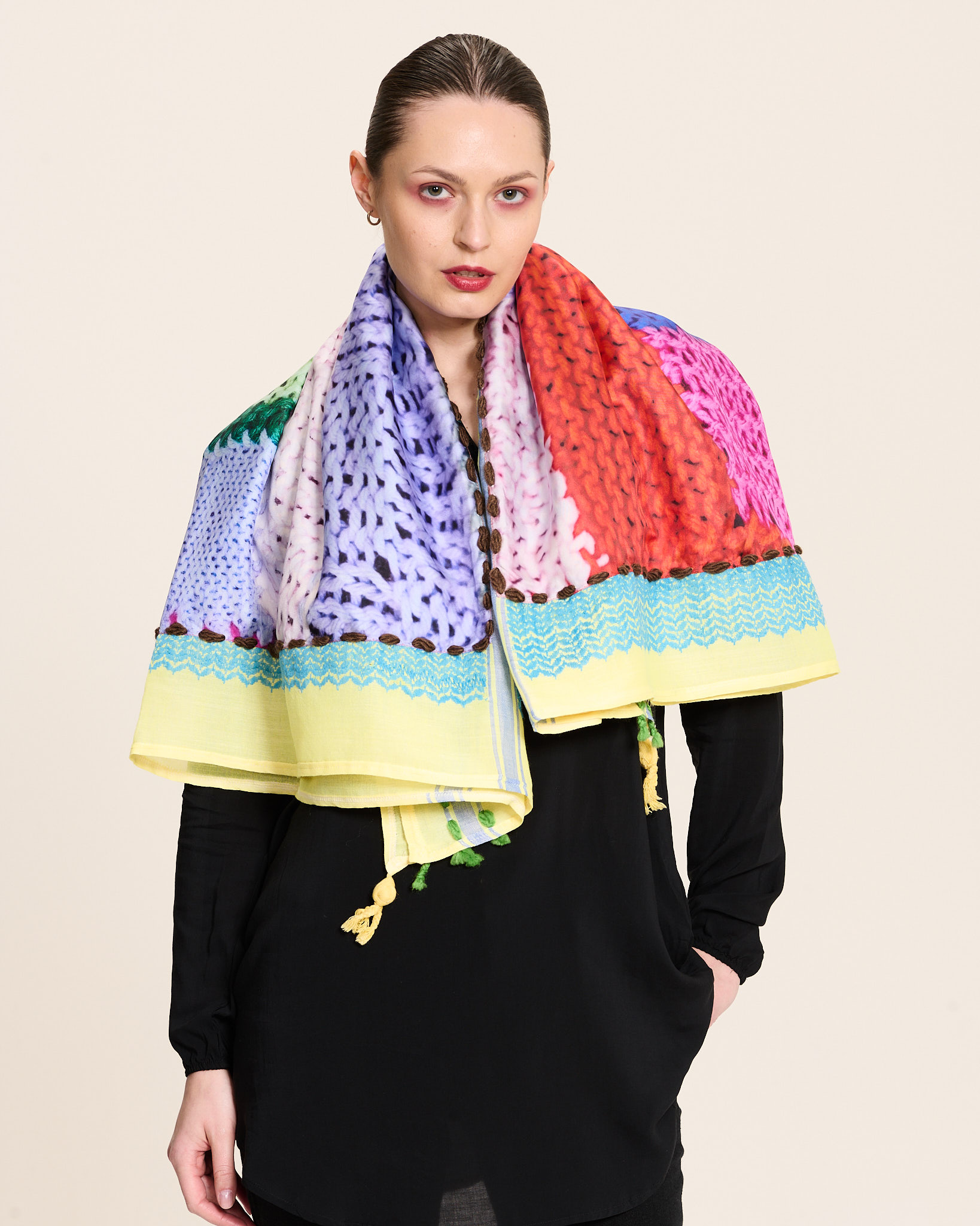 Yellow and baby blue keffiyeh doubled with silk scarf “patch k” motive