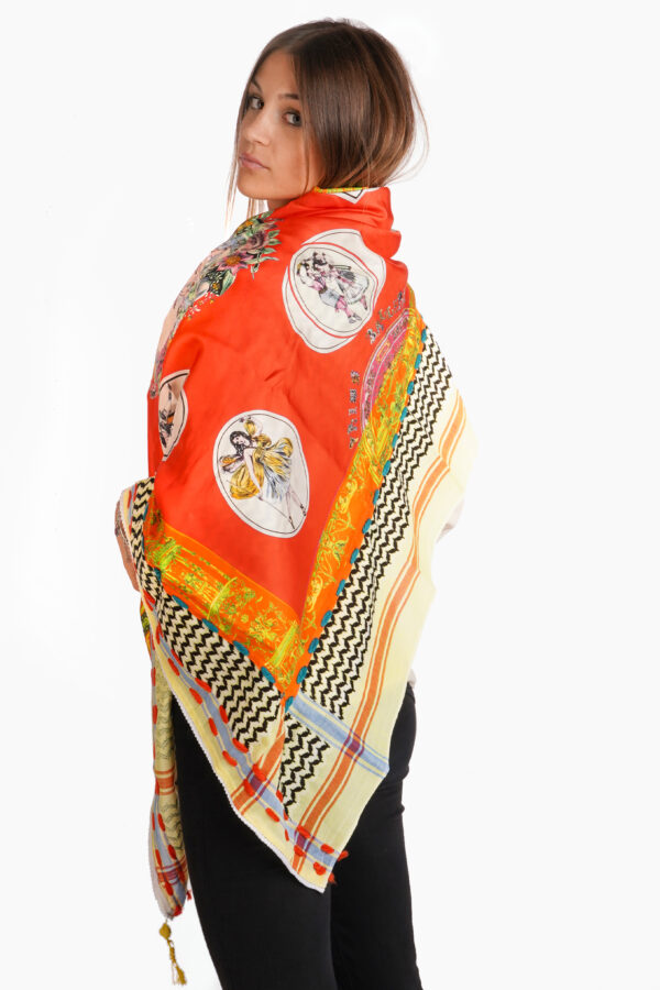 Sunflower keffyeh doubled with red and gold vintage silk foulard “tiny dancers