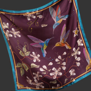 Silk scarf 90 x 90 cm. Amazing hummingbirds hover against a crimson background with soft vintage flowers. Print on 100% silk, handmade hem.