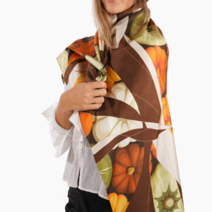Silk scarf 90 x 90 cm. On a dark chocolate background, a triumph of golden pumpkins, a winter symphony Print on 100% silk, handmade hem.