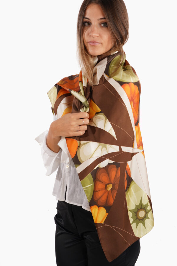 Silk scarf 90 x 90 cm. On a dark chocolate background, a triumph of golden pumpkins, a winter symphony Print on 100% silk, handmade hem.