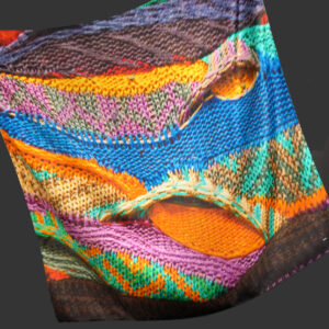 Silk scarf 90 x 90 cm. Three-dimensional knit work effect with macro knitted stitches. Mandarin, cobalt and goosebill the colored flashes. Print on 100% silk, handmade hem.