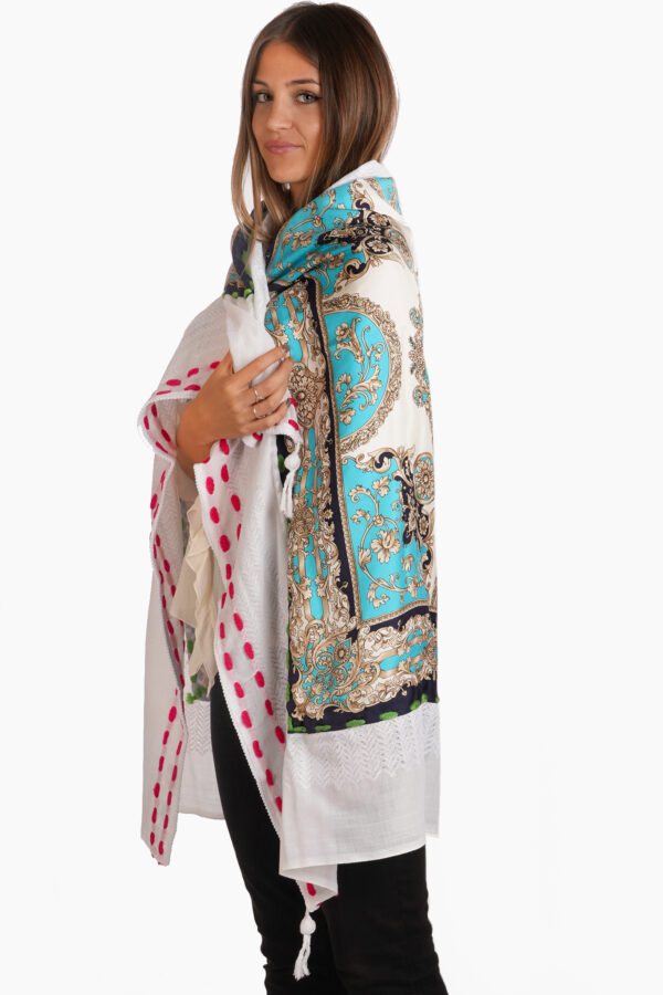 Total white keffyeh doubled with a Como tradition, baroque motif silk foulard.